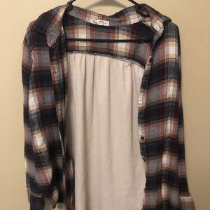 Red gray and tan plaid shirt with soft back